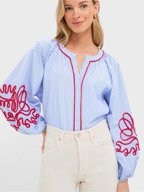 Hyacinth House Blue Stripe & Red Soutache Stella Blouse